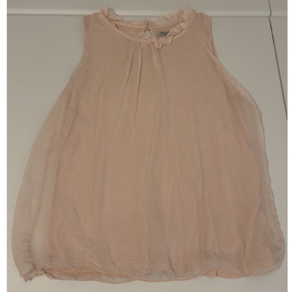 Elena Baldi Italy 100% Silk Ruffle Neck Blouse Tank Top Blush Pink Medium  oo - Picture 2 of 7